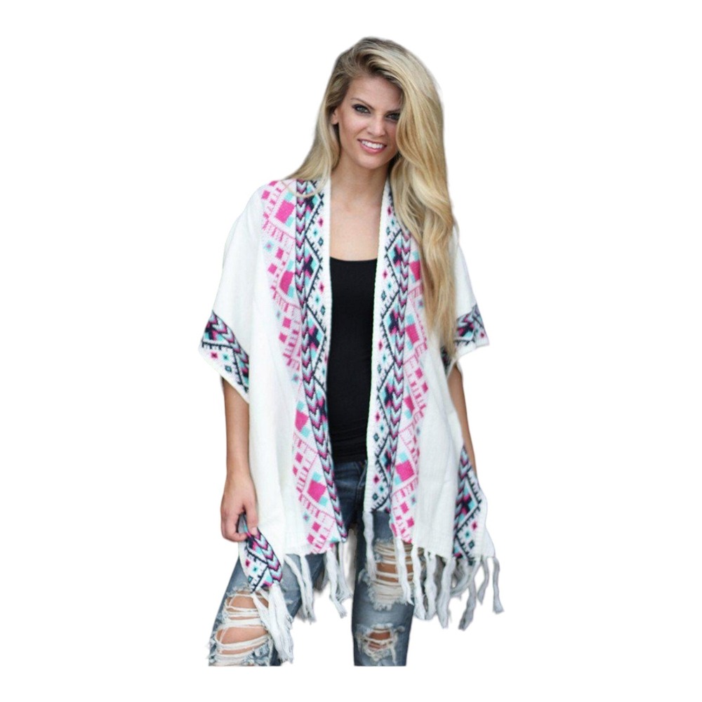 L Love Women's Small/Medium Aztec Knit Poncho Lightweight Pink Blue White